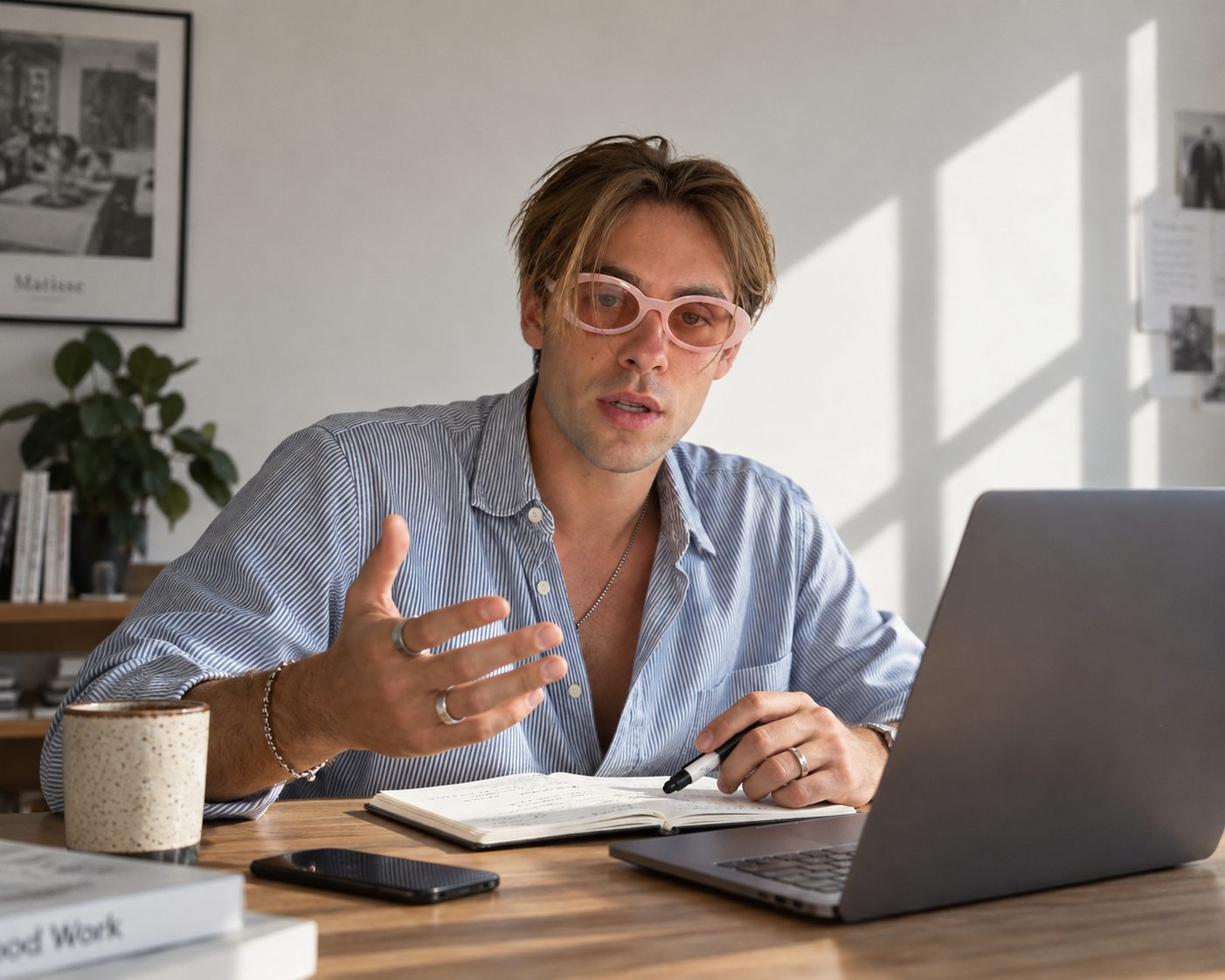 Marlon erklärt am Schreibtisch einen Workflow am Laptop